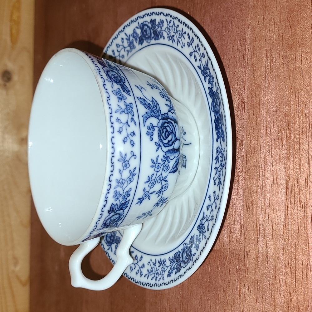 Vintage Blue & White China Teacup & Saucer Set Floral Garden Roses by Inarco